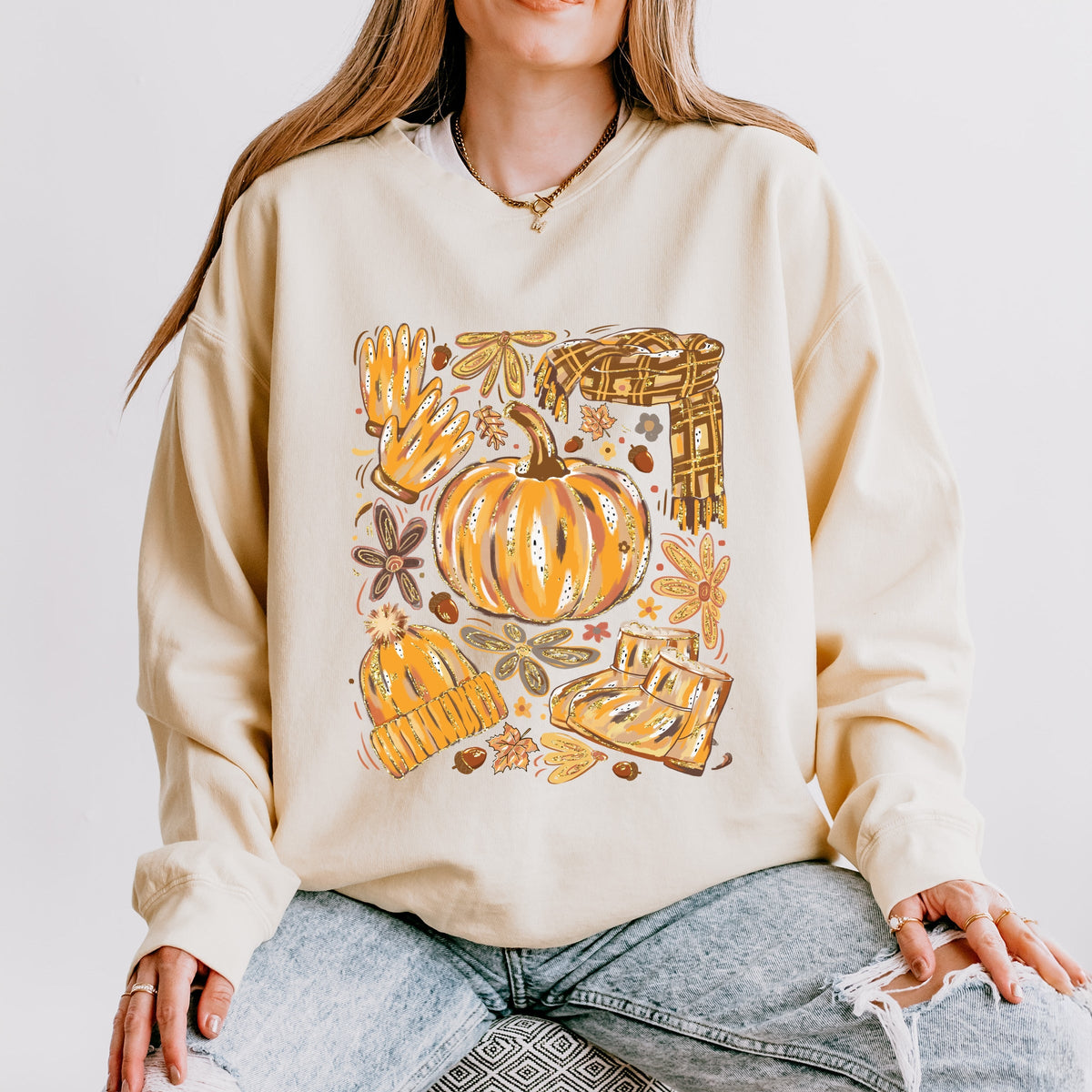 Fall Pumpkin Collage Glitter - Women's Lightweight Garment Dyed Sweatshirt