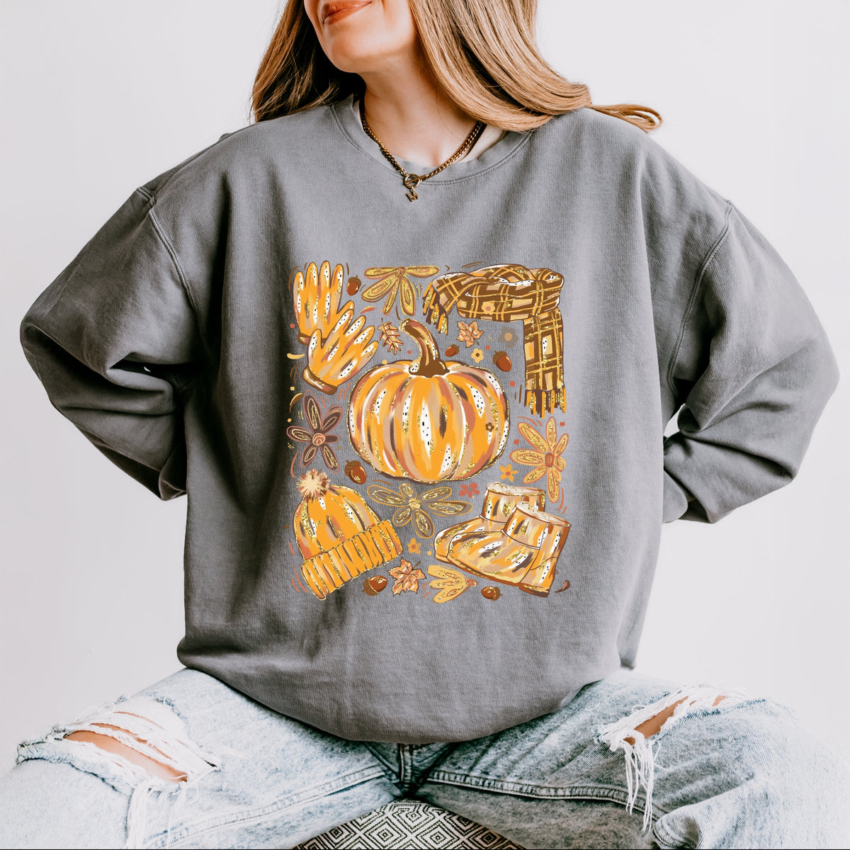 Fall Pumpkin Collage Glitter - Women's Lightweight Garment Dyed Sweatshirt