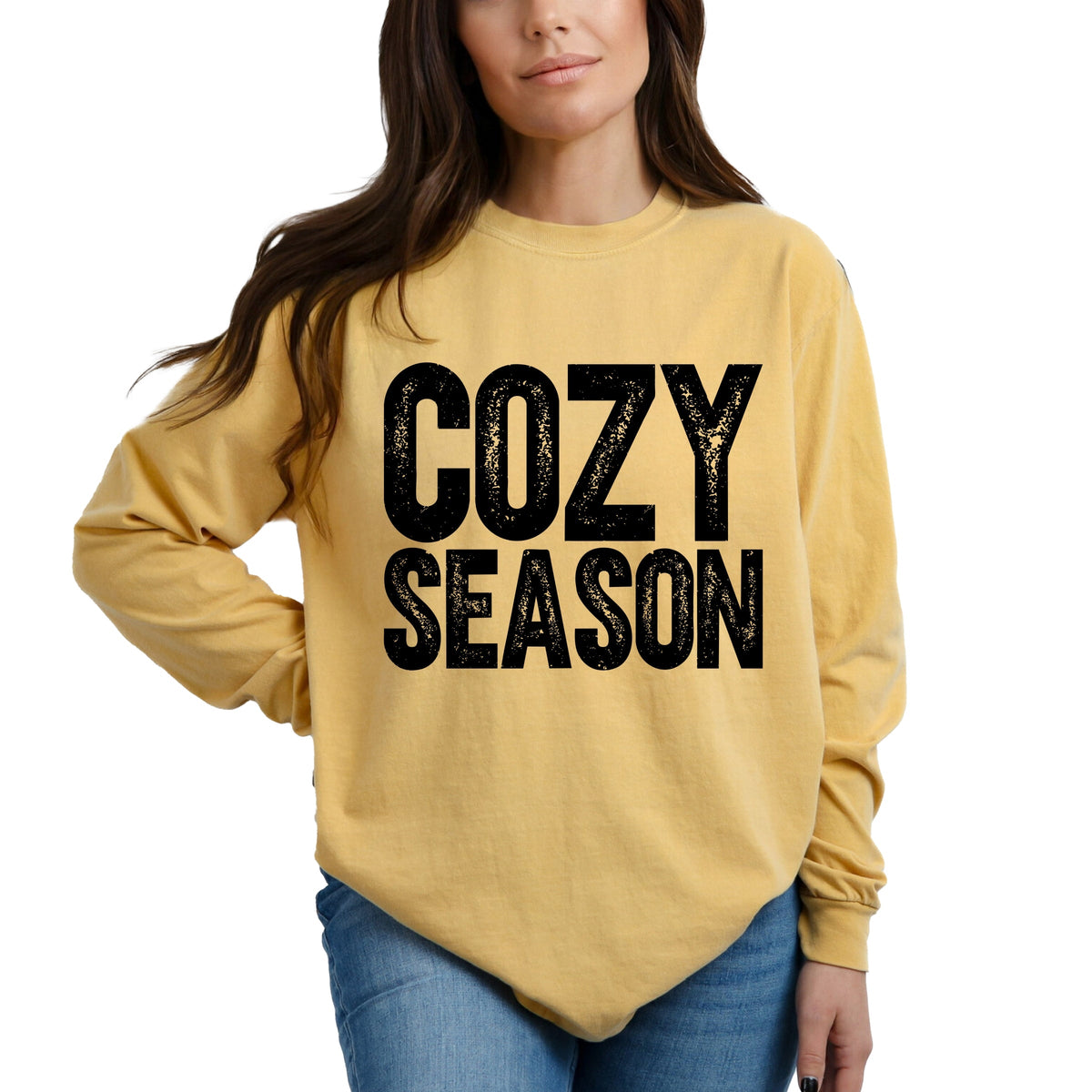 Cozy Season Bold Distressed - Women's Garment Dyed Long Sleeve Graphic T-Shirt