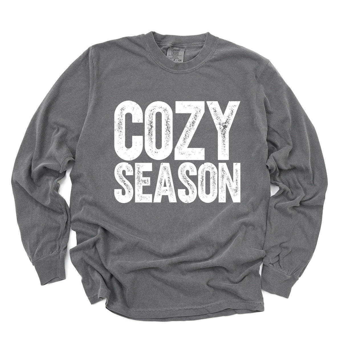 Cozy Season Bold Distressed - Women's Garment Dyed Long Sleeve Graphic T-Shirt