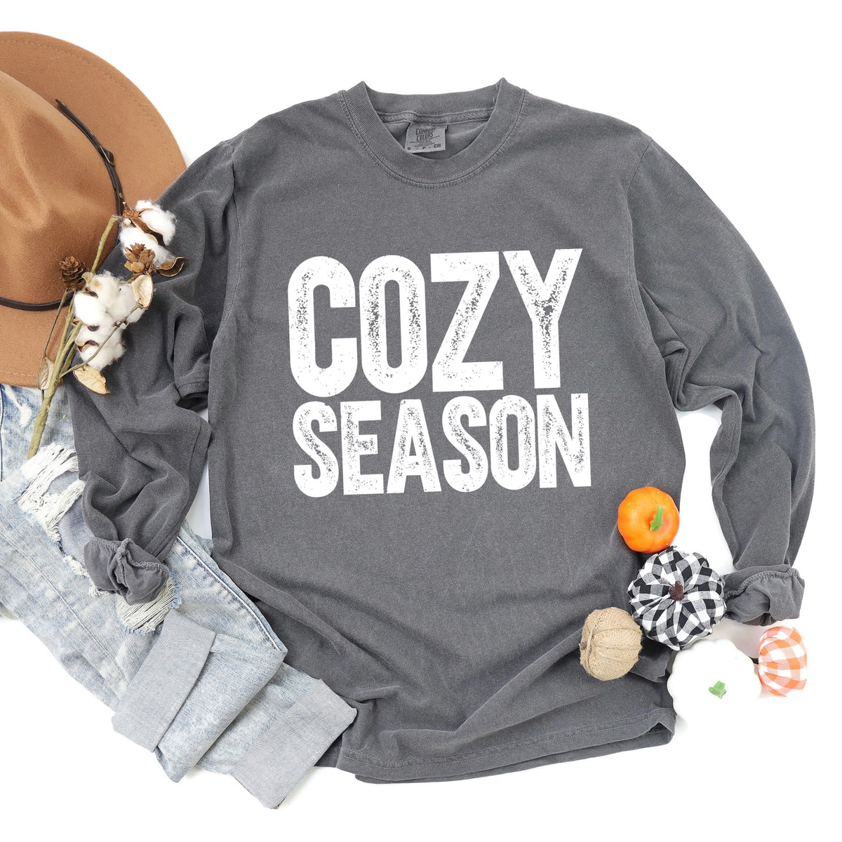 Cozy Season Bold Distressed - Women's Garment Dyed Long Sleeve Graphic T-Shirt