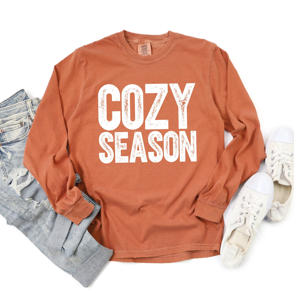 Cozy Season Bold Distressed - Women's Garment Dyed Long Sleeve Graphic T-Shirt