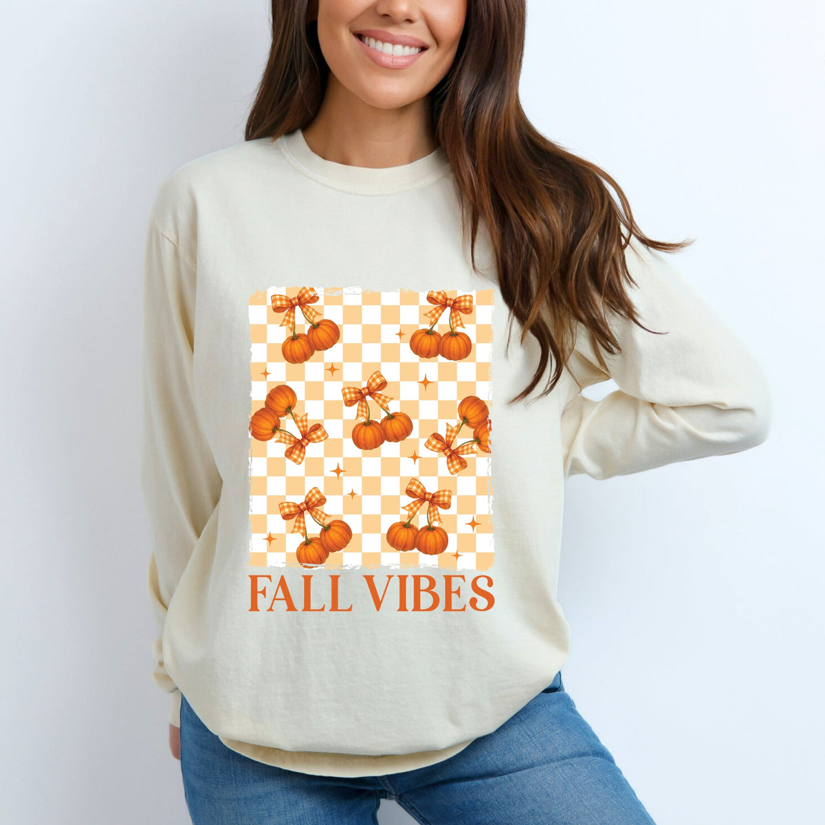 Fall Vibes Checked Pumpkins - Women's Garment Dyed Long Sleeve Graphic T-Shirt
