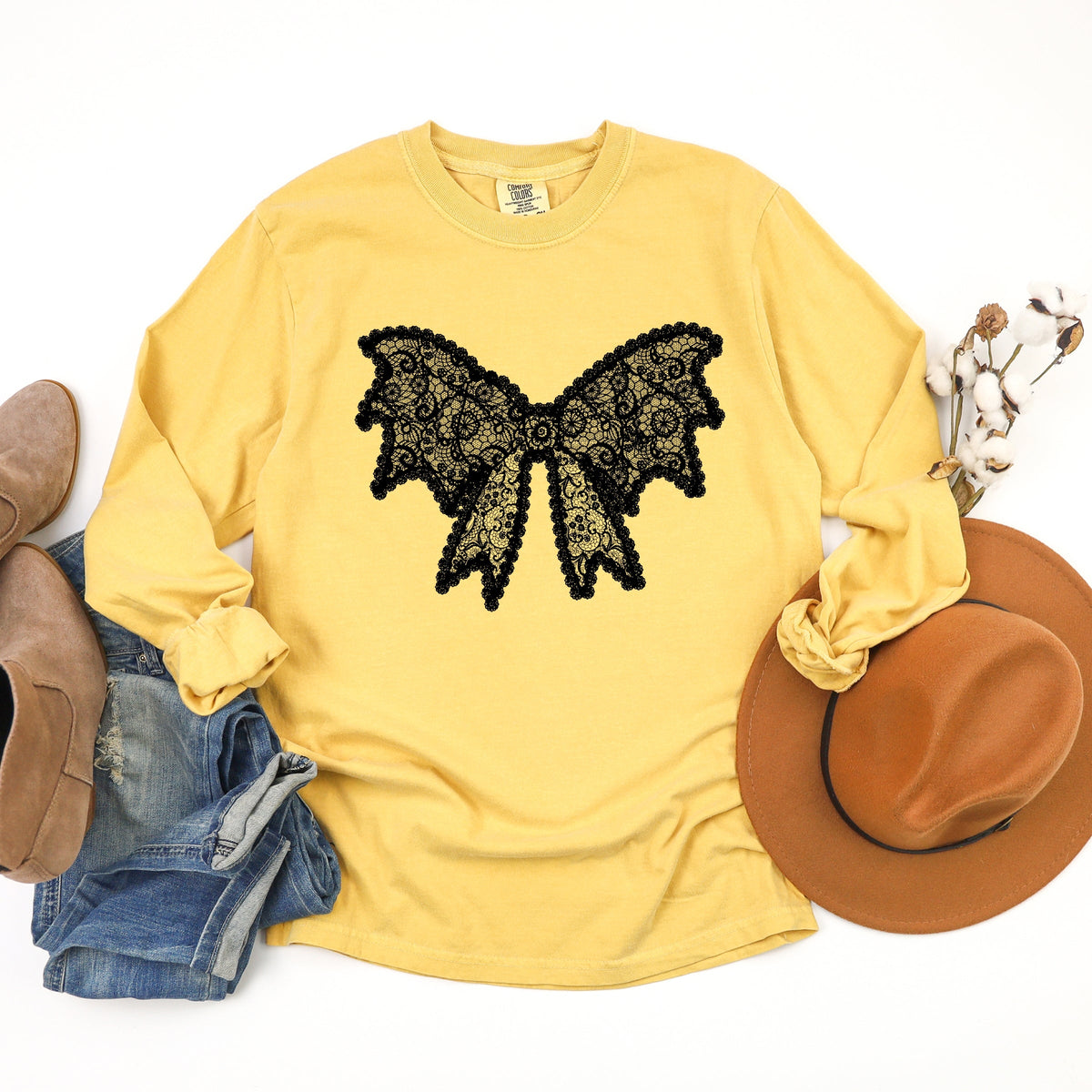 Lace Bow - Women's Garment Dyed Long Sleeve Graphic T-Shirt