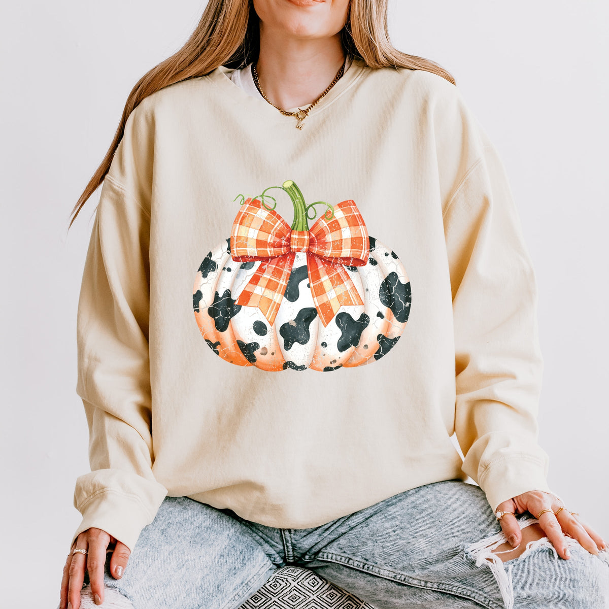 Cow Pumpkin Coquette Distressed - Lightweight Garment Dyed Sweatshirt