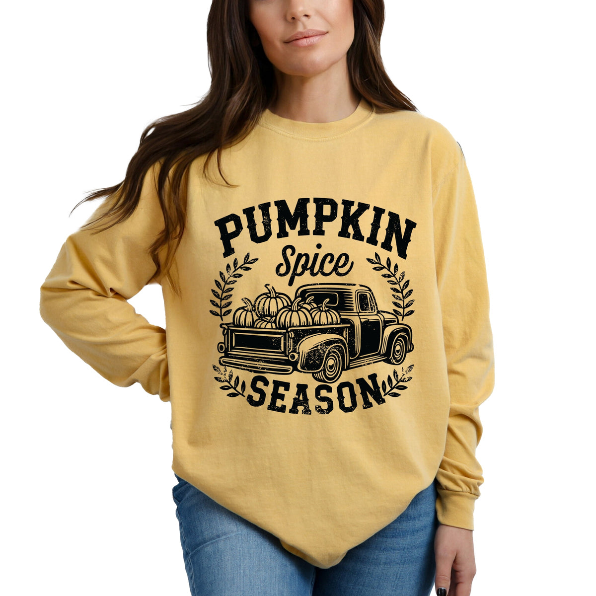 Pumpkin Spice Season Truck Distressed - Garment Dyed Long Sleeve