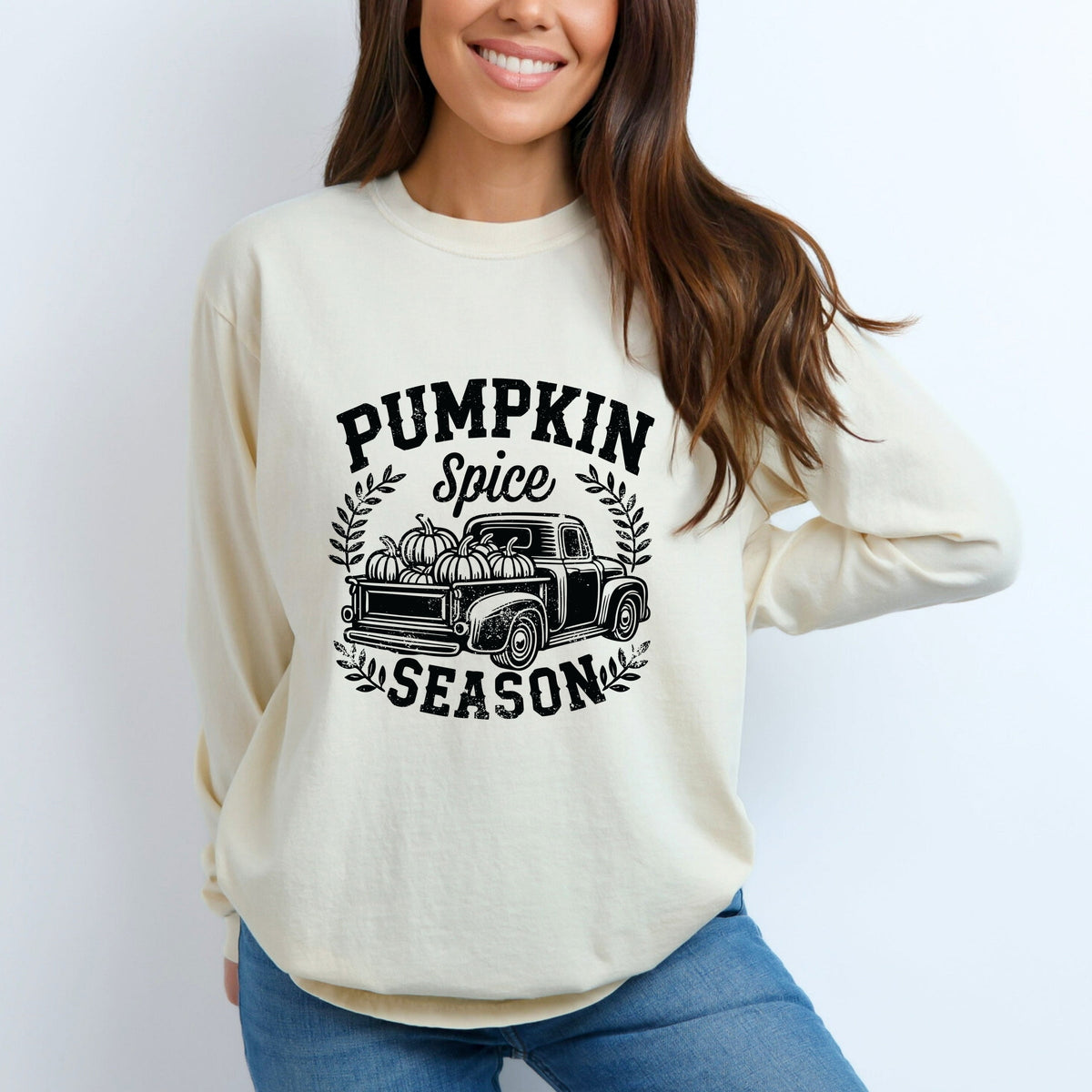 Pumpkin Spice Season Truck Distressed - Garment Dyed Long Sleeve