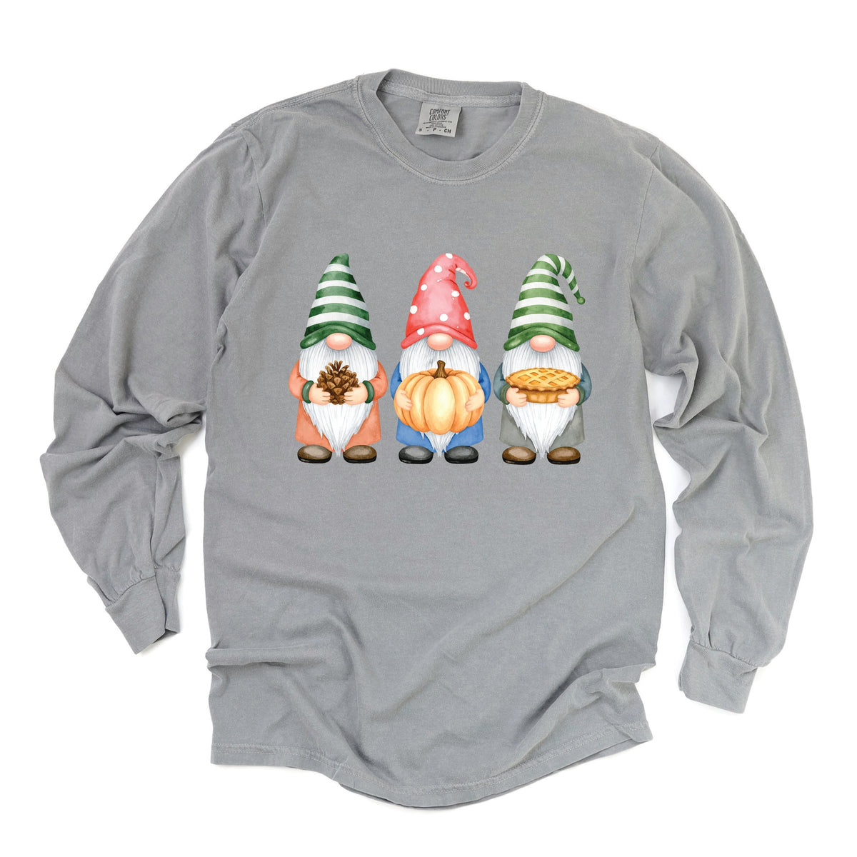 Fall Three Gnomes - Women's Garment Dyed Long Sleeve Graphic T-Shirt