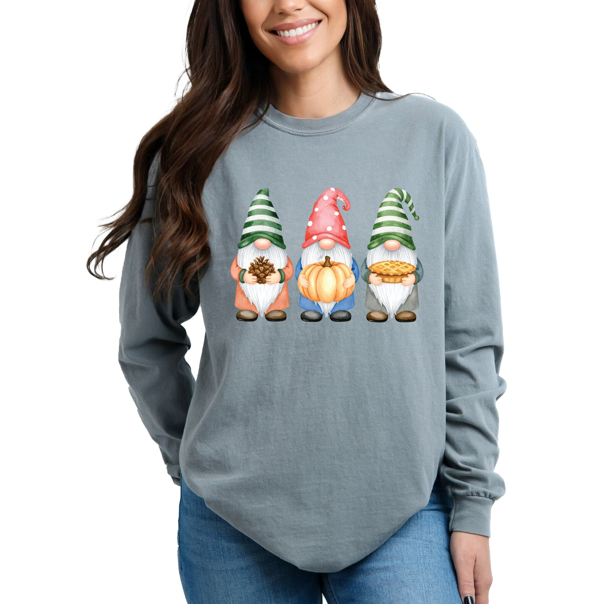 Fall Three Gnomes - Women's Garment Dyed Long Sleeve Graphic T-Shirt