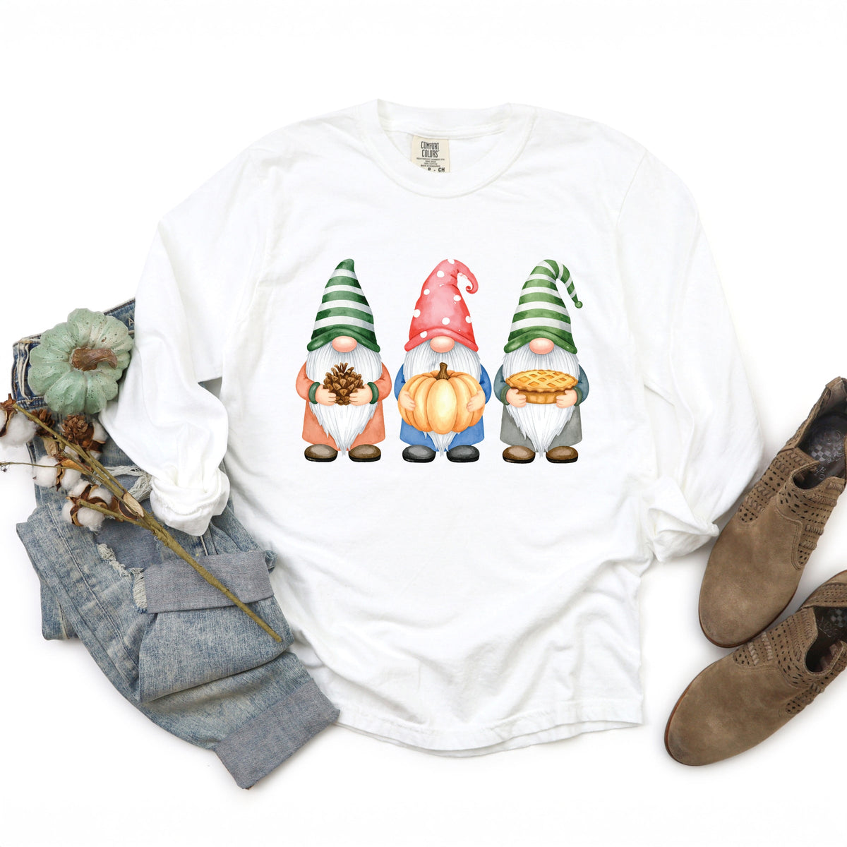 Fall Three Gnomes - Women's Garment Dyed Long Sleeve Graphic T-Shirt