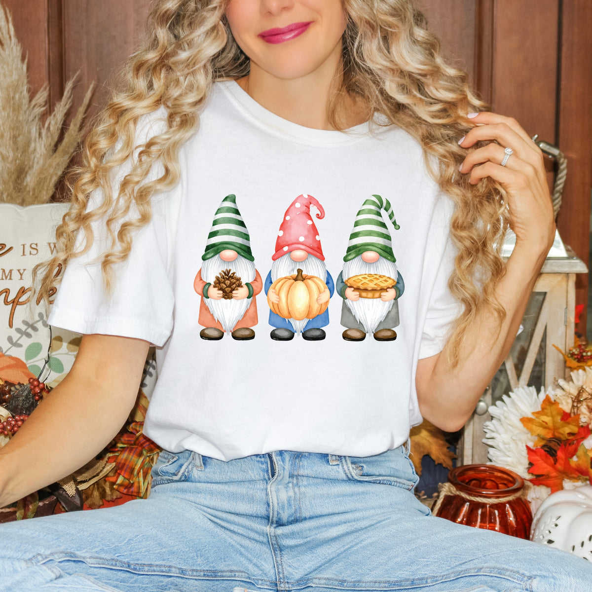 Fall Three Gnomes - Women's Garment Dyed Graphic T-Shirt