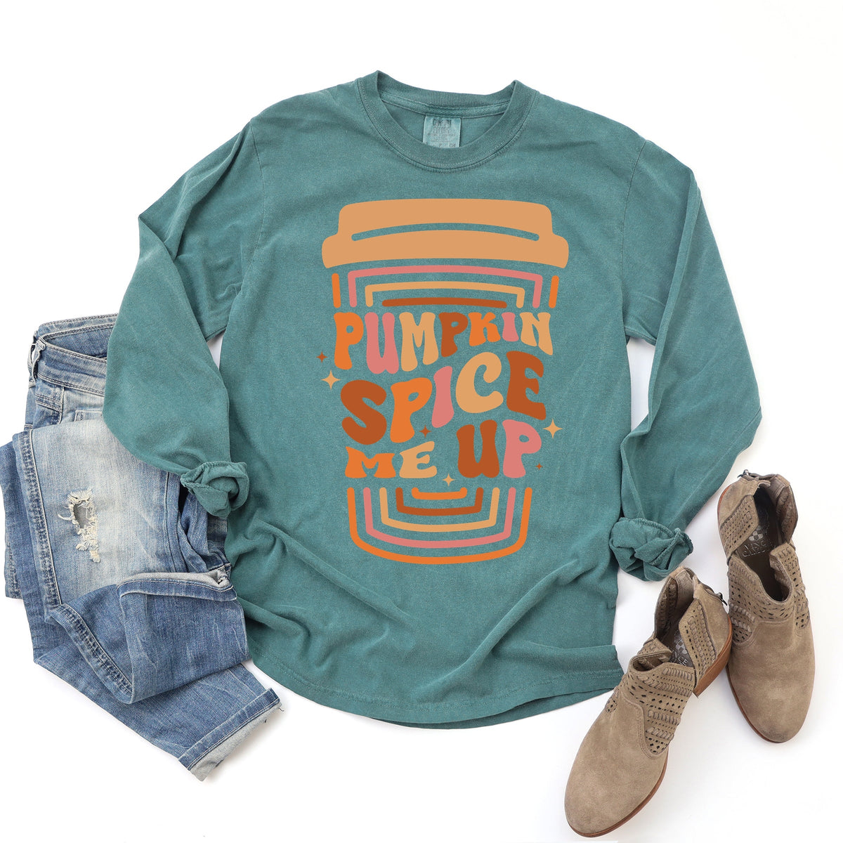 Pumpkin Spice Me Up Cup - Women's Garment Dyed Long Sleeve Graphic T-Shirt
