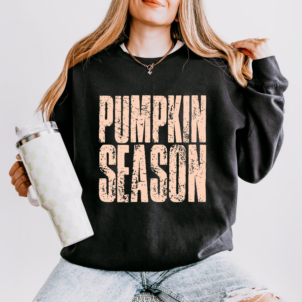 Pumpkin Season Stacked Distressed - Women's Lightweight Garment Dyed Sweatshirt