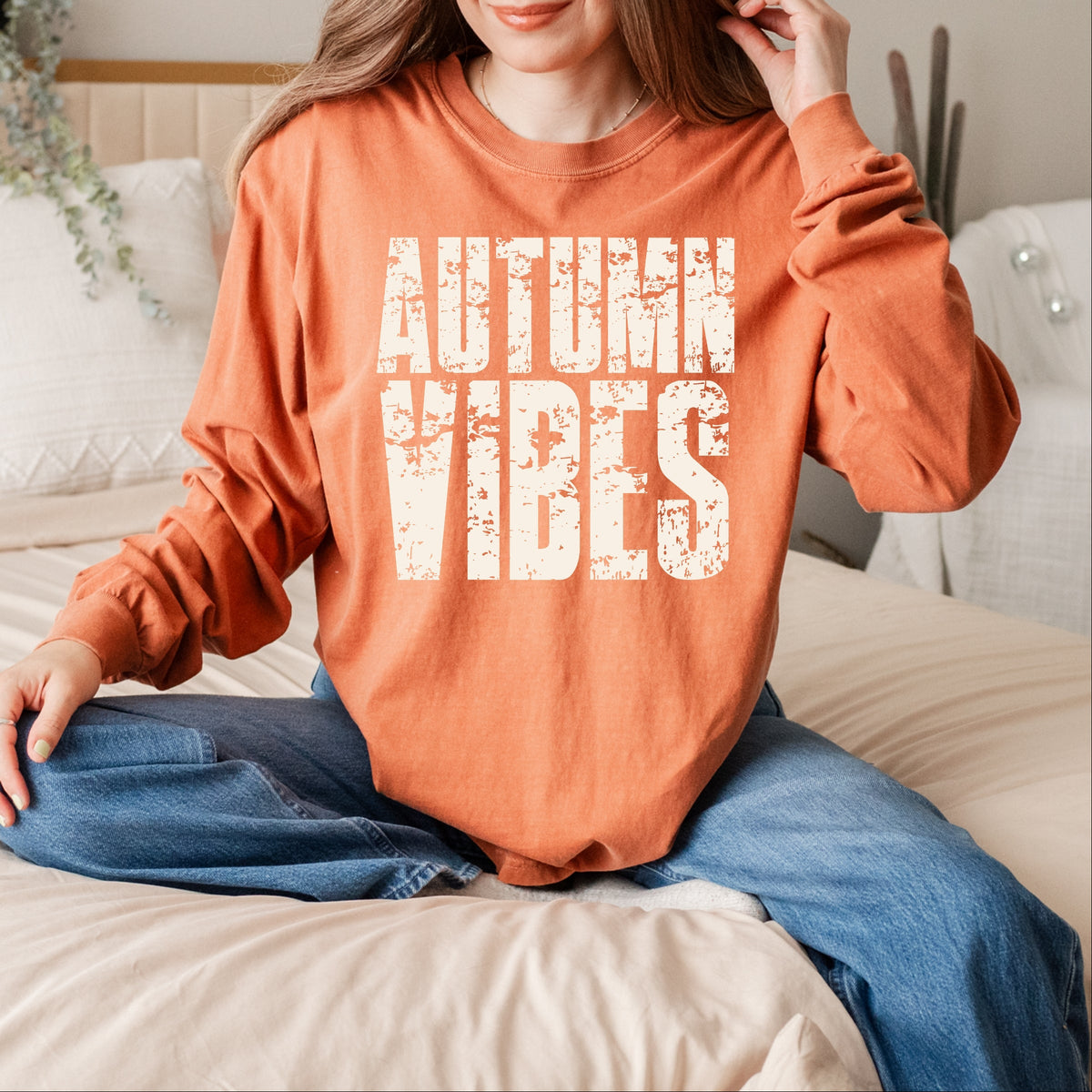 Autumn Vibes Block Distressed - Women's Garment Dyed Long Sleeve Graphic T-Shirt