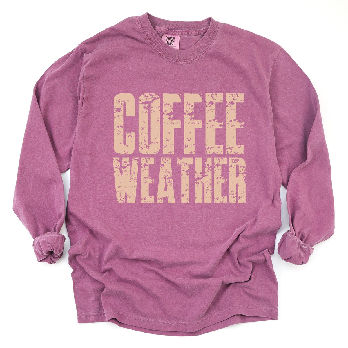 Coffee Weather Block Distressed - Women's Garment Dyed Long Sleeve Graphic T-Shirt