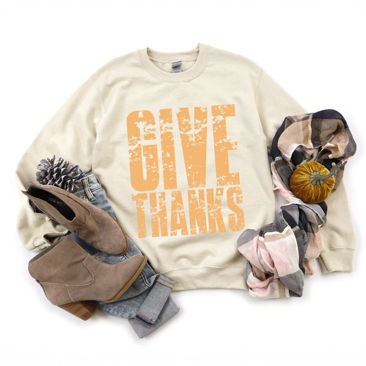 Give Thanks Block Distressed - Women's Graphic Sweatshirt