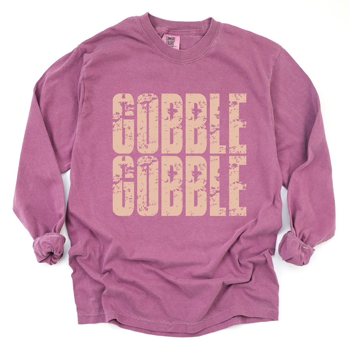 Gobble Gobble Block Distressed - Women's Garment Dyed Long Sleeve Graphic T-Shirt