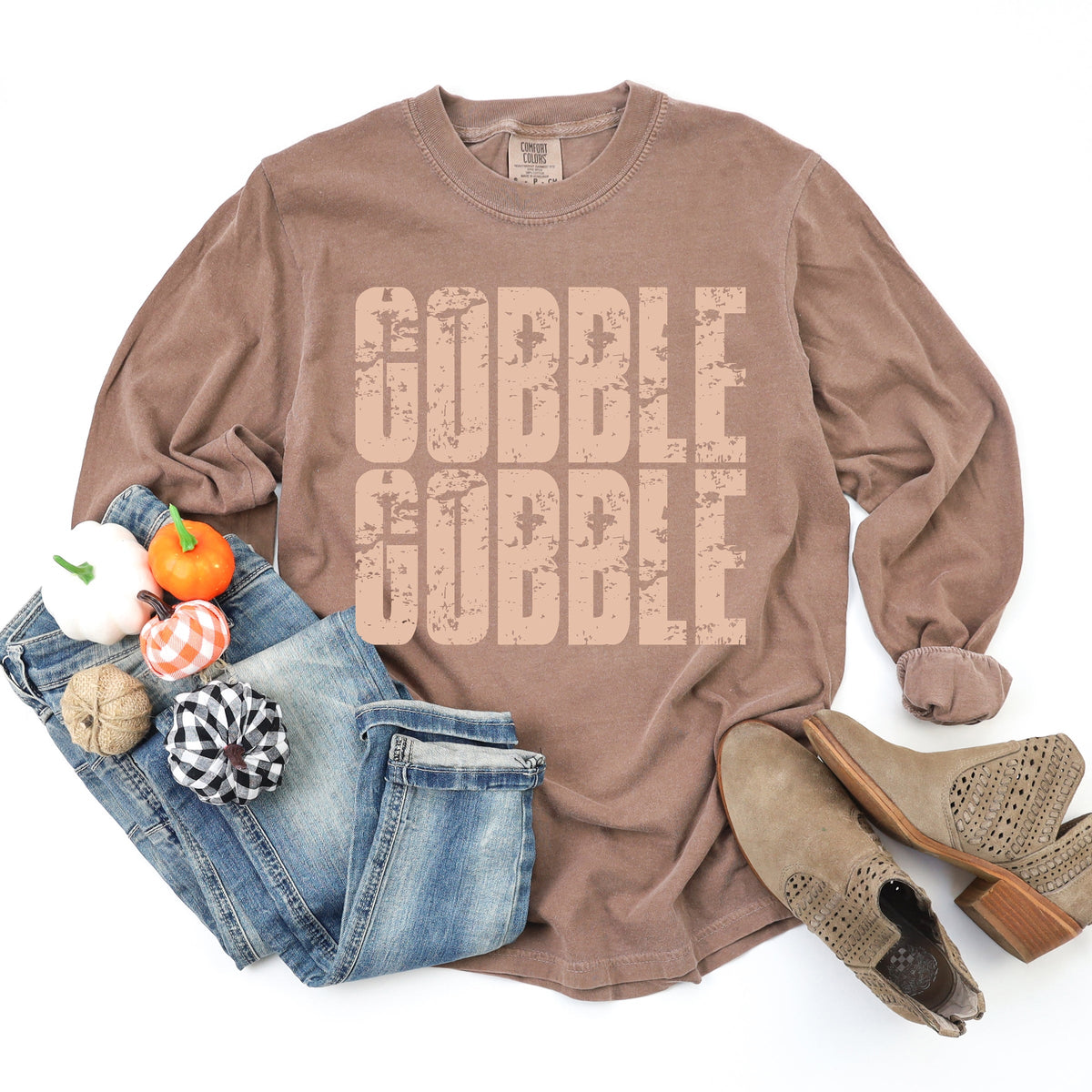 Gobble Gobble Block Distressed - Women's Garment Dyed Long Sleeve Graphic T-Shirt