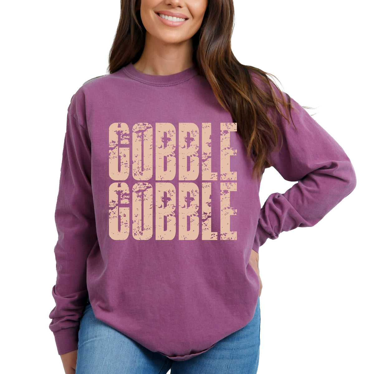 Gobble Gobble Block Distressed - Women's Garment Dyed Long Sleeve Graphic T-Shirt