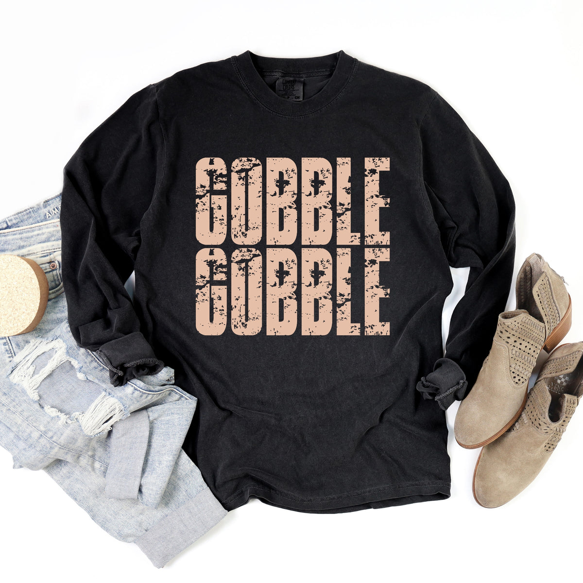 Gobble Gobble Block Distressed - Women's Garment Dyed Long Sleeve Graphic T-Shirt