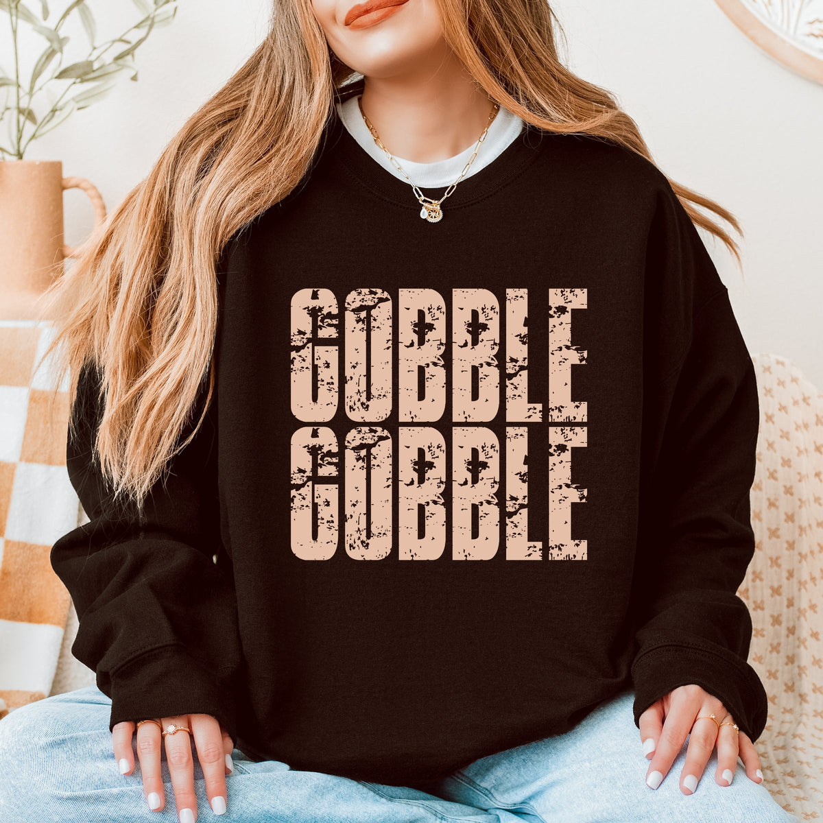 Gobble Gobble Block Distressed - Women's Graphic Sweatshirt