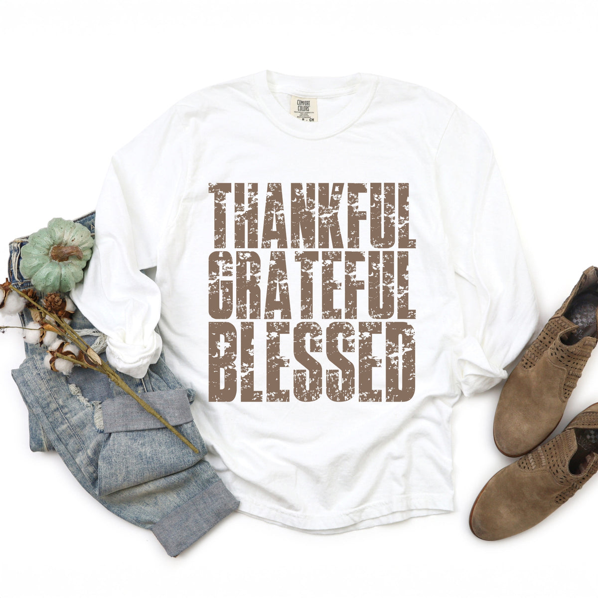 Thankful Grateful Blessed Block Distressed - Women's Garment Dyed Long Sleeve Graphic T-Shirt