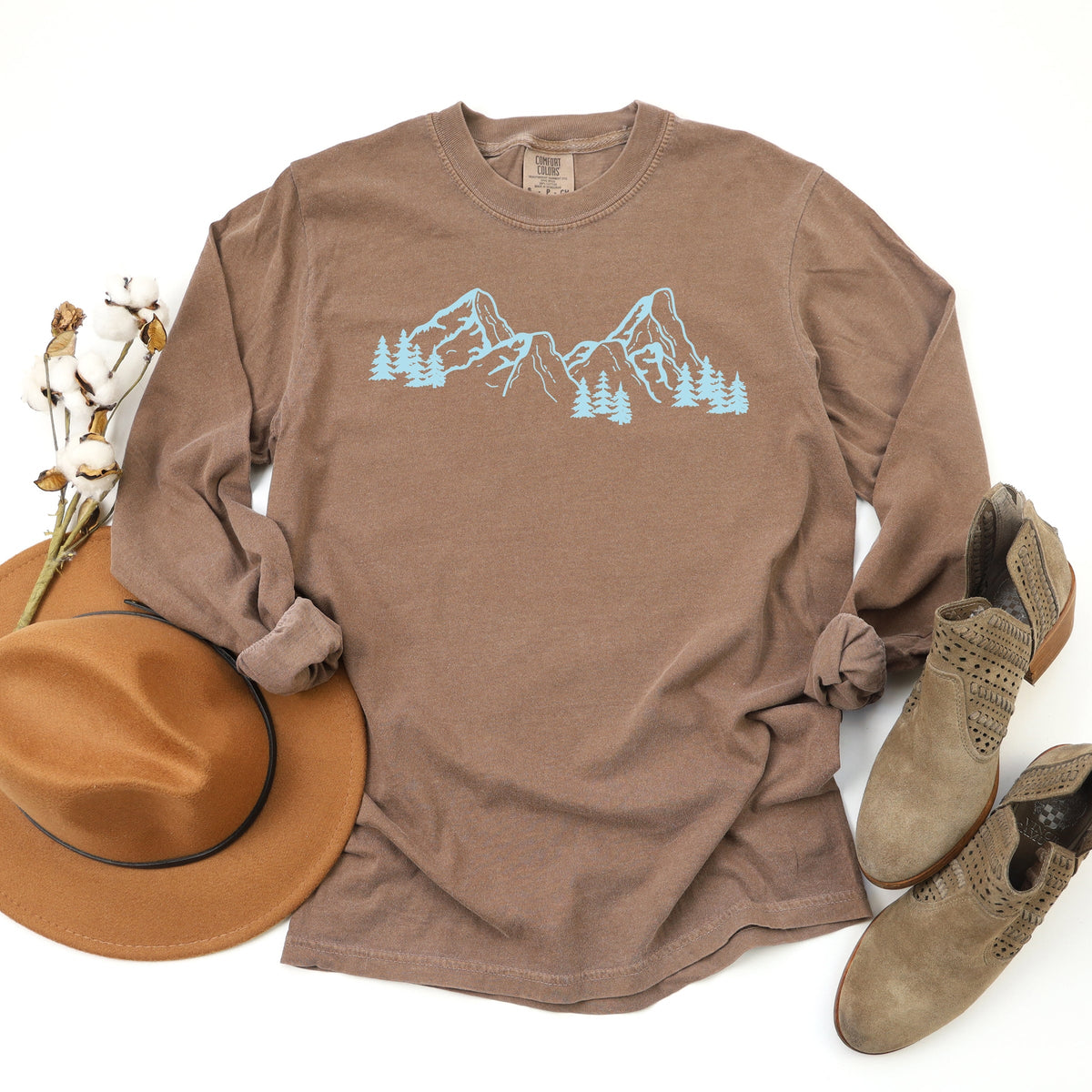 Mountain Range and Trees - Women's Garment Dyed Long Sleeve Graphic T-Shirt