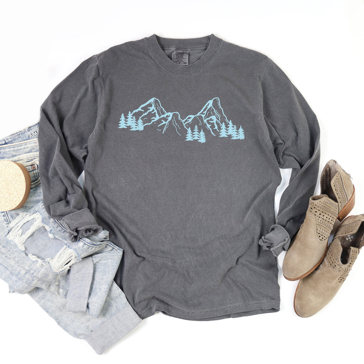 Mountain Range and Trees - Women's Garment Dyed Long Sleeve Graphic T-Shirt