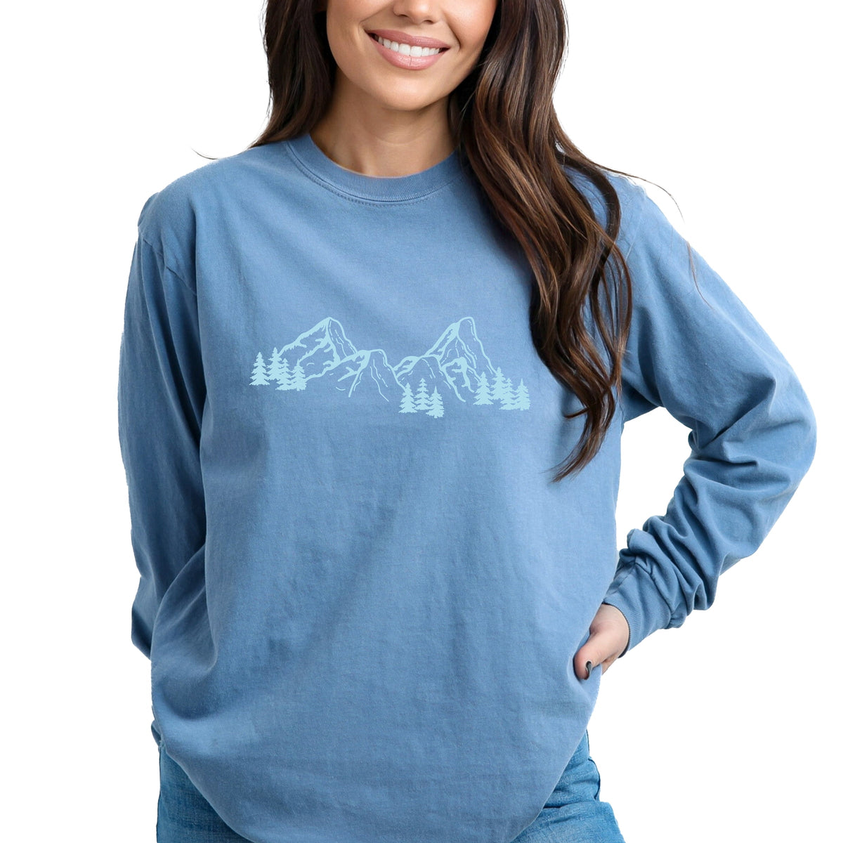 Mountain Range and Trees - Women's Garment Dyed Long Sleeve Graphic T-Shirt