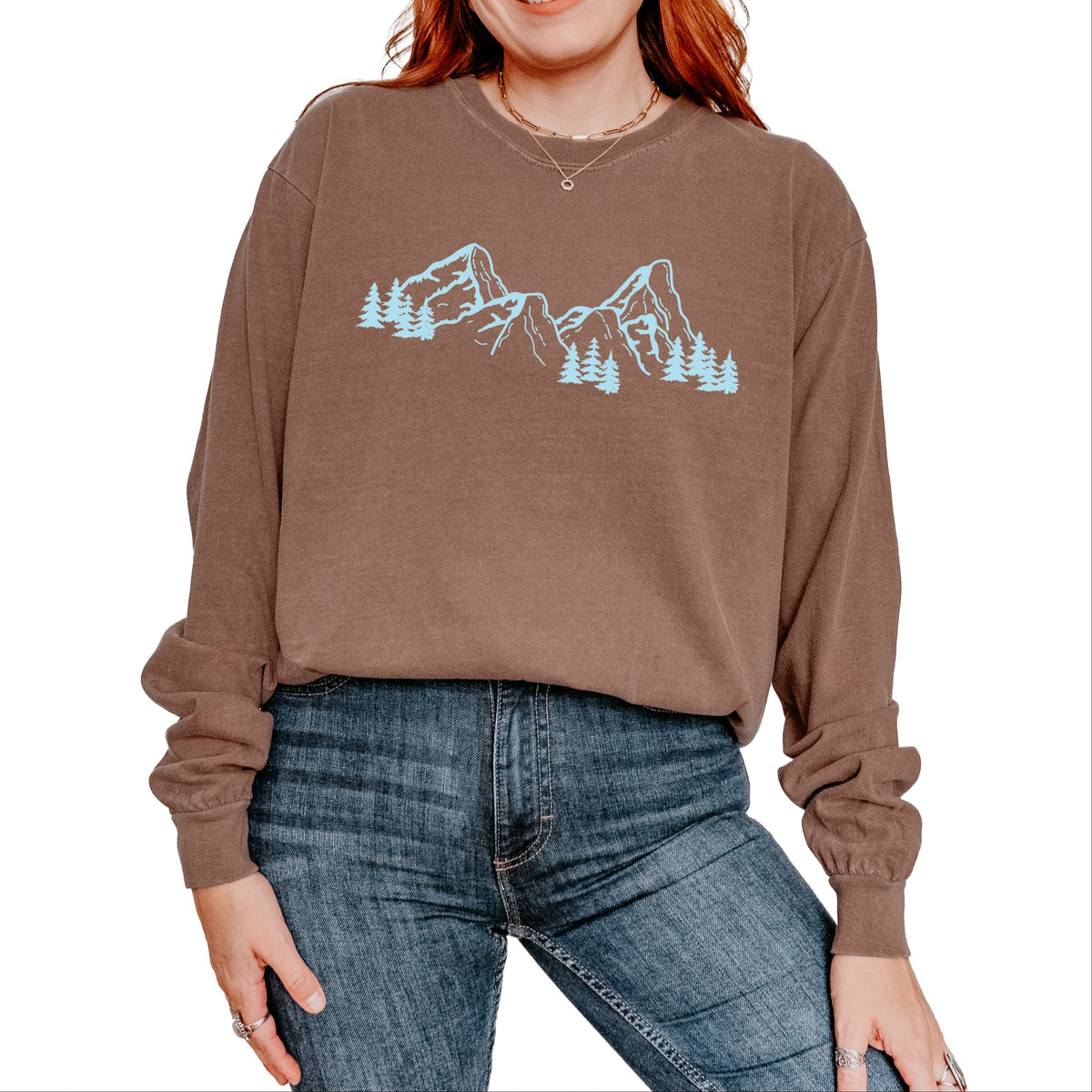 Mountain Range and Trees - Women's Garment Dyed Long Sleeve Graphic T-Shirt