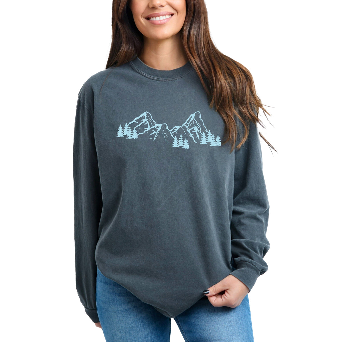 Mountain Range and Trees - Women's Garment Dyed Long Sleeve Graphic T-Shirt