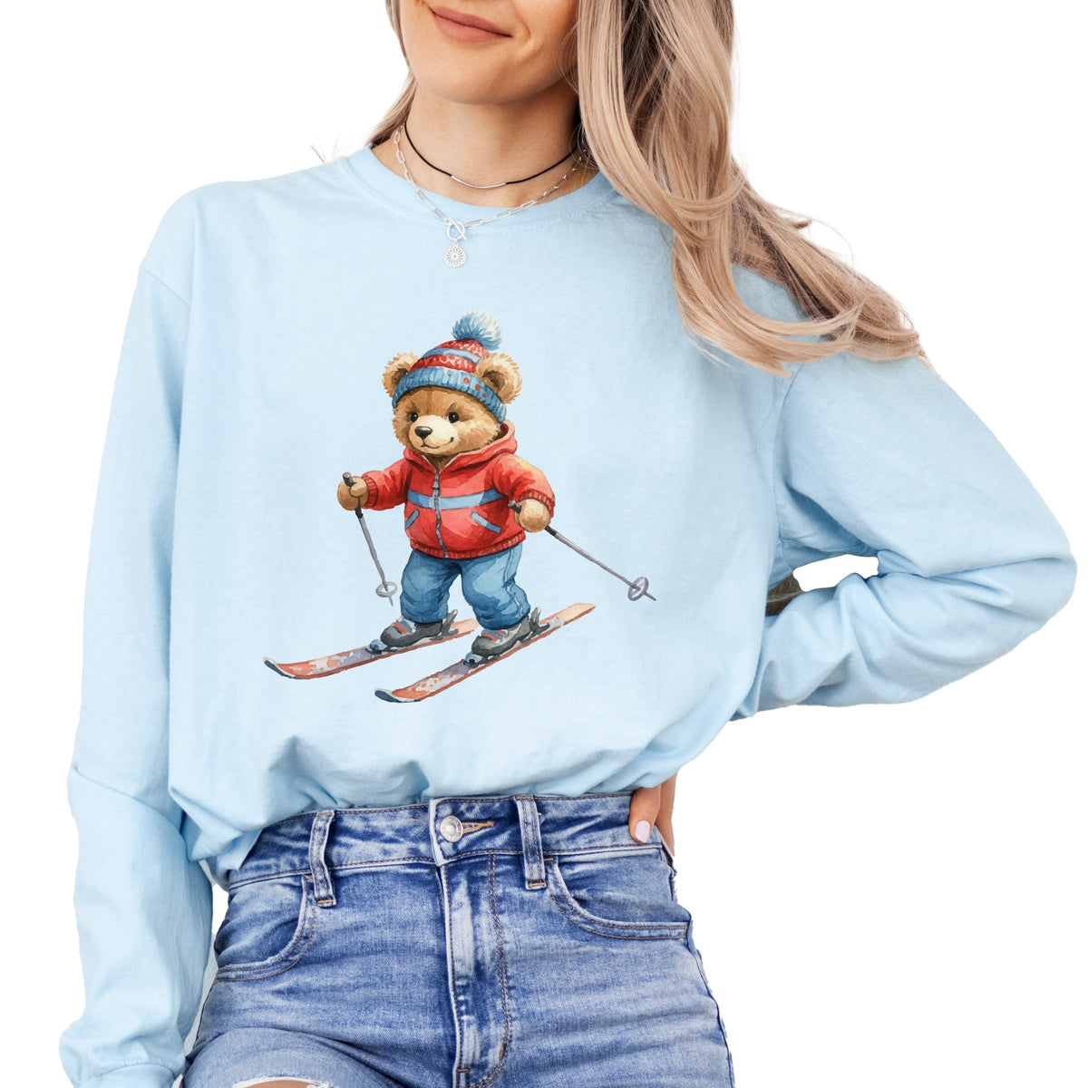 Skiing Bear Watercolor - Women's Garment Dyed Long Sleeve Graphic T-Shirt