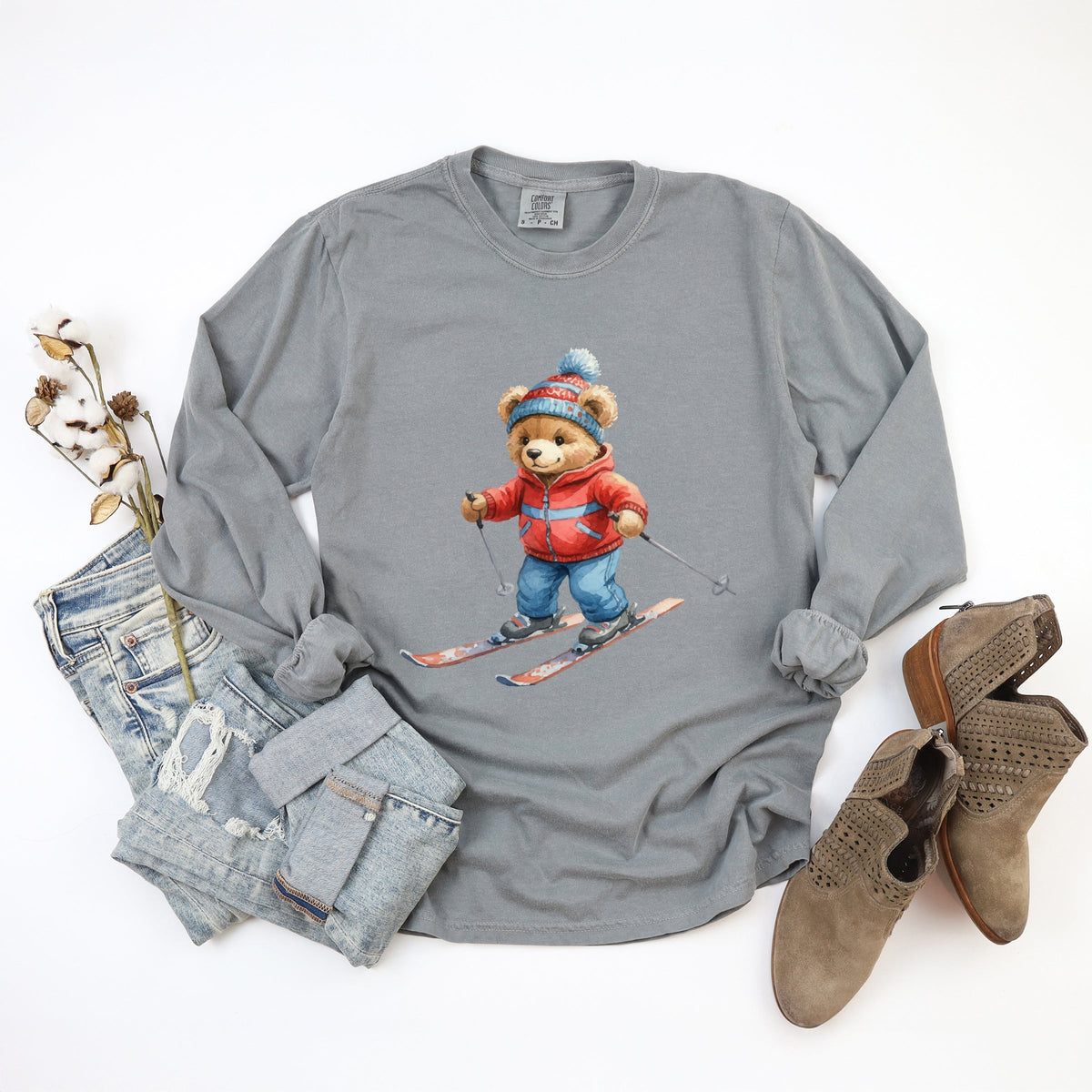 Skiing Bear Watercolor - Women's Garment Dyed Long Sleeve Graphic T-Shirt