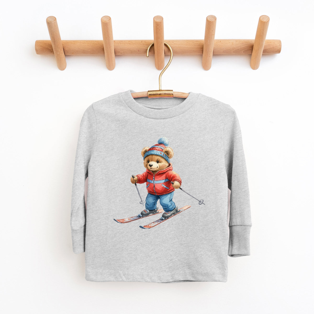 Skiing Bear Watercolor - Youth Long Sleeve Graphic T-Shirt