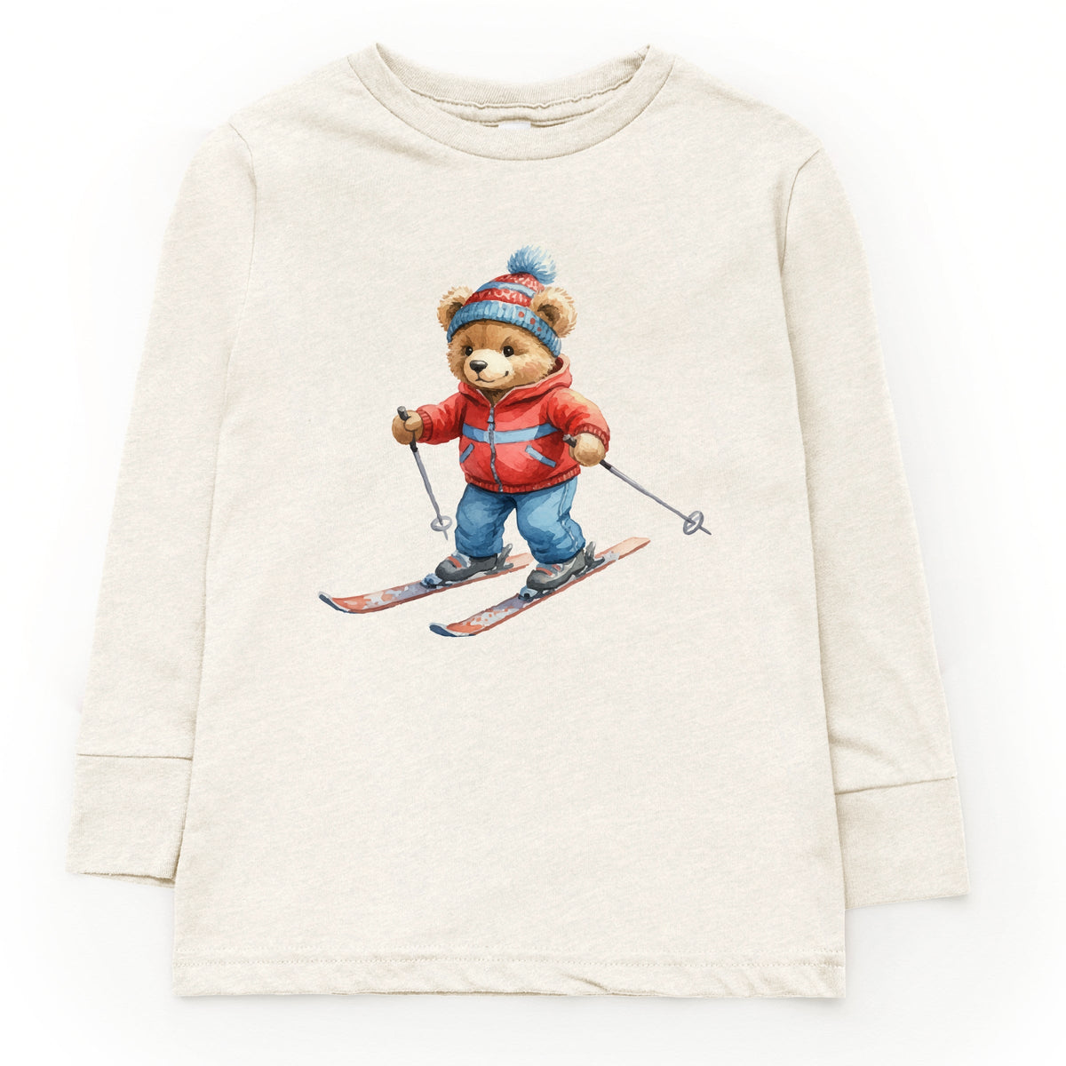 Skiing Bear Watercolor - Youth Long Sleeve Graphic T-Shirt