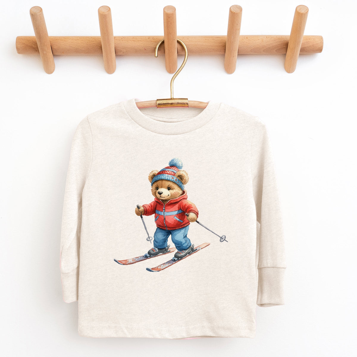Skiing Bear Watercolor - Youth Long Sleeve Graphic T-Shirt