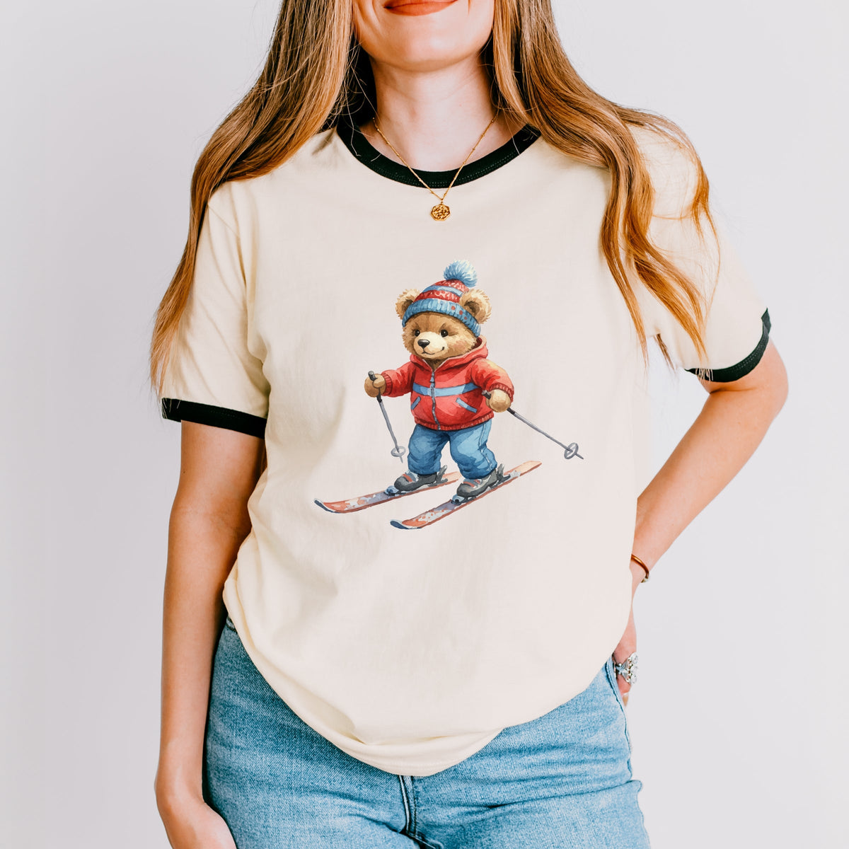 Skiing Bear Watercolor - Women's Ringer Graphic T-Shirt