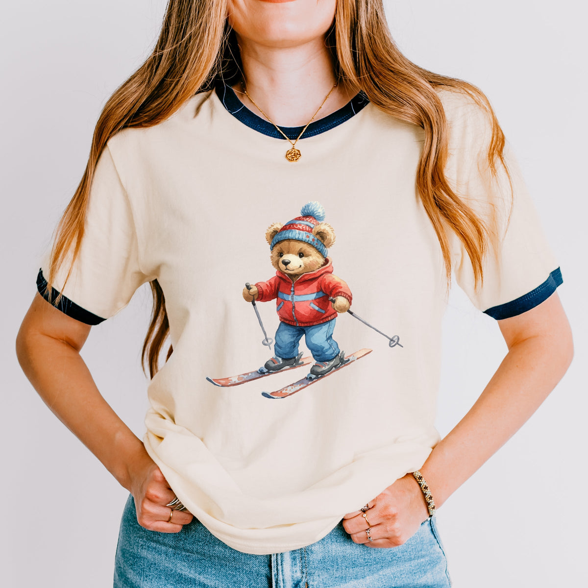 Skiing Bear Watercolor - Women's Ringer Graphic T-Shirt