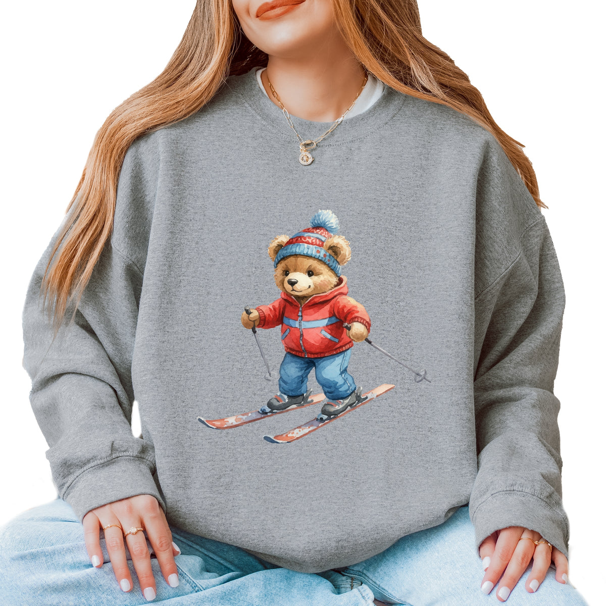 Skiing Bear Watercolor - Women's Graphic Sweatshirt