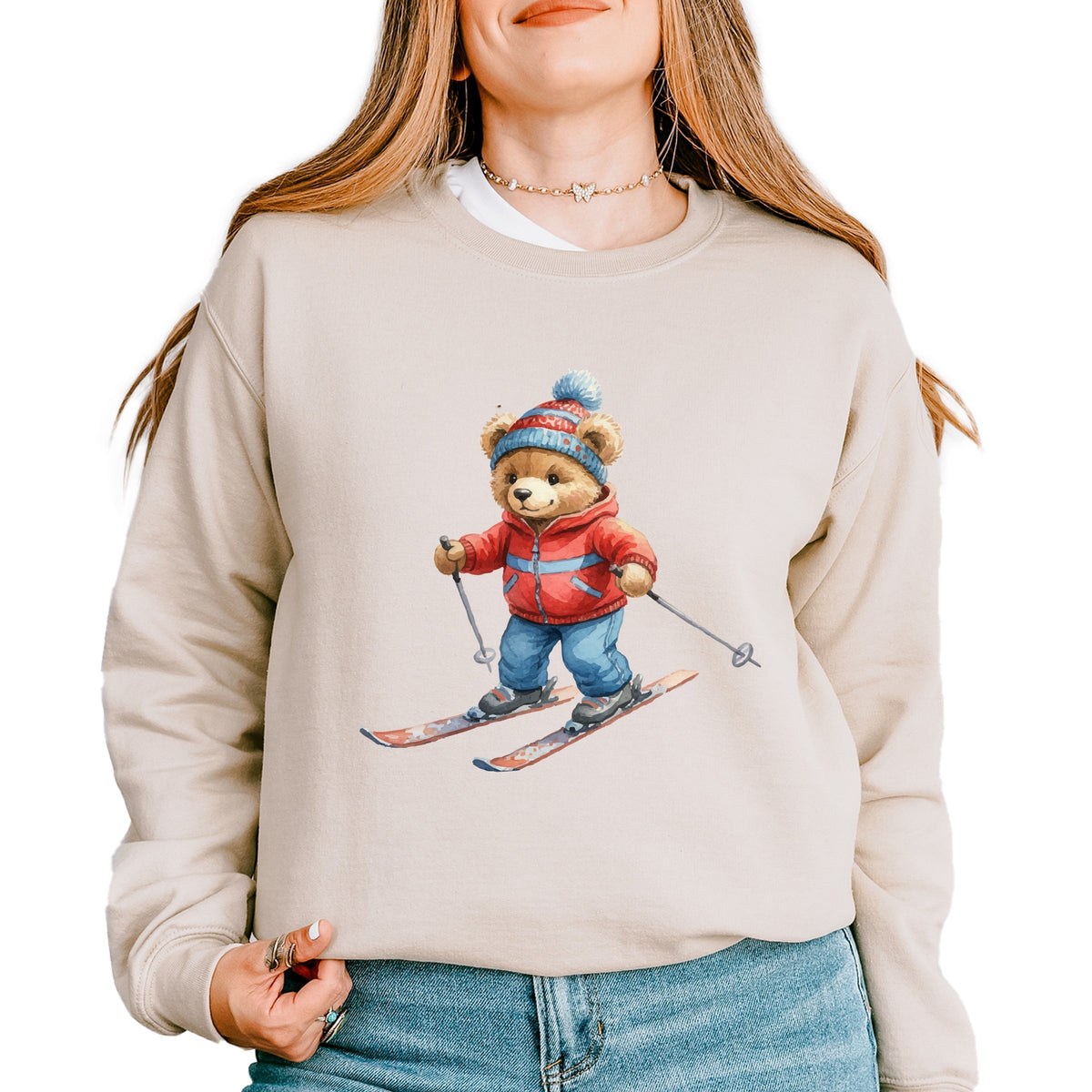 Skiing Bear Watercolor - Women's Graphic Sweatshirt