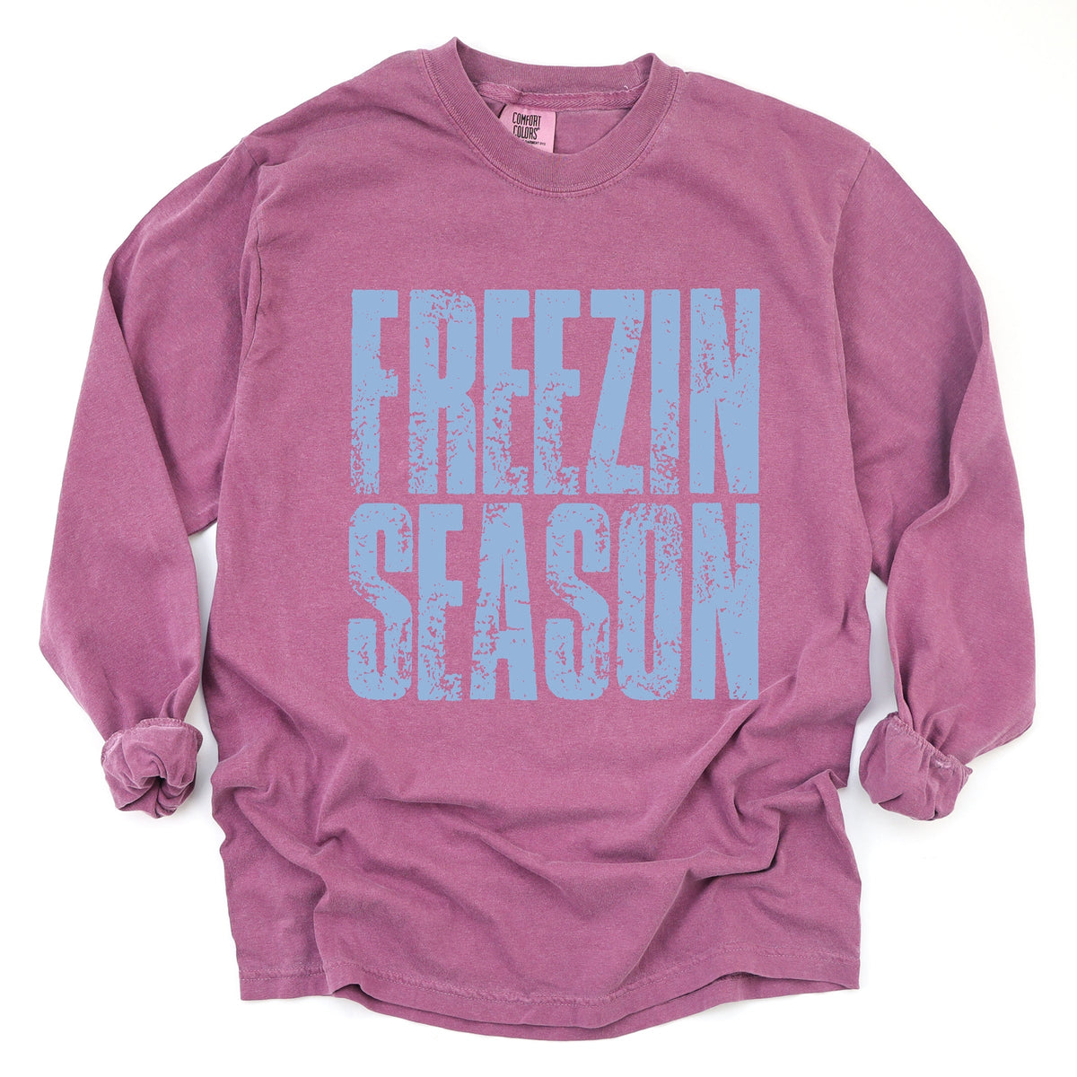 Freezin Season Block Distressed - Women's Garment Dyed Long Sleeve Graphic T-Shirt