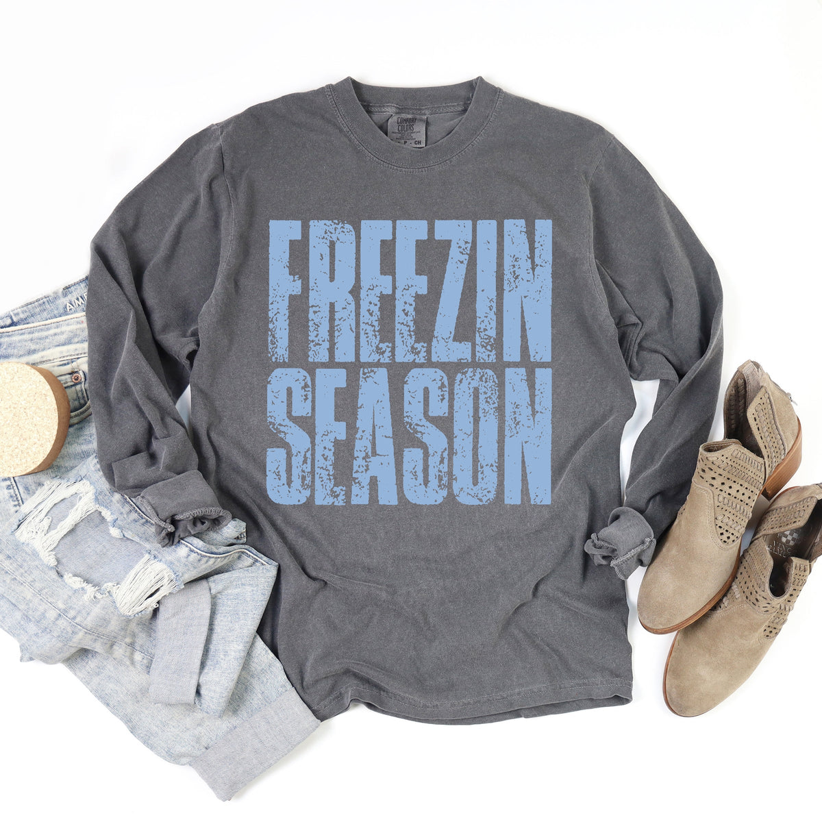 Freezin Season Block Distressed - Women's Garment Dyed Long Sleeve Graphic T-Shirt