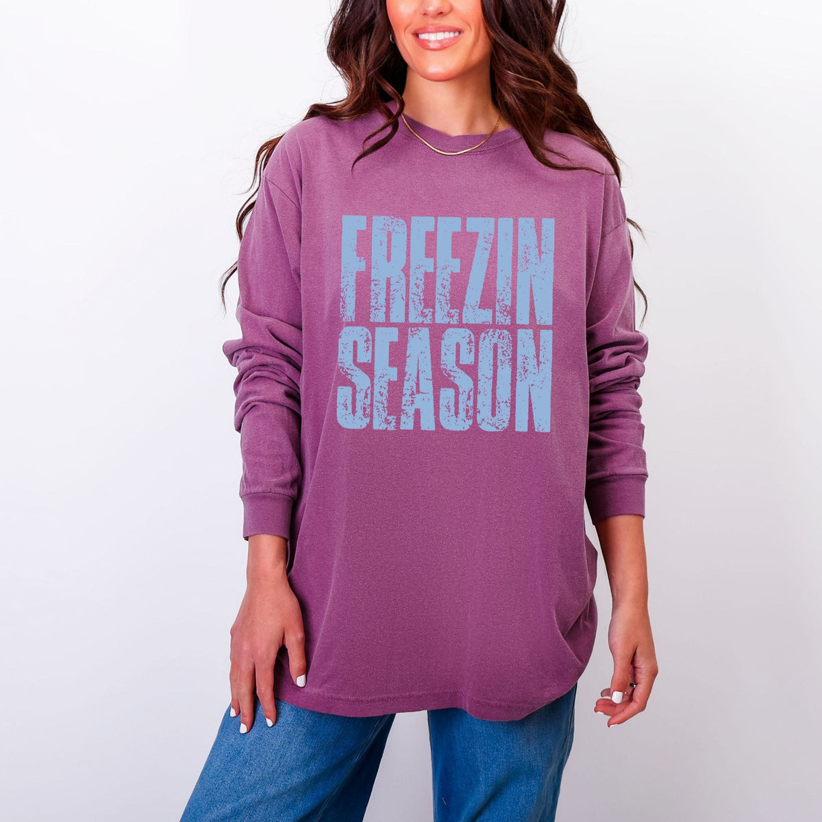 Freezin Season Block Distressed - Women's Garment Dyed Long Sleeve Graphic T-Shirt