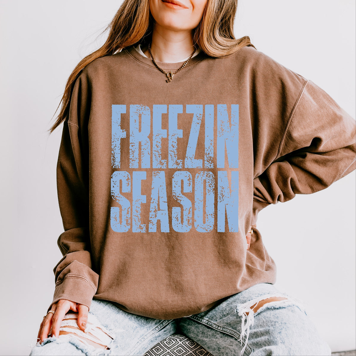Freezin Season Block Distressed - Women's Lightweight Garment Dyed Sweatshirt