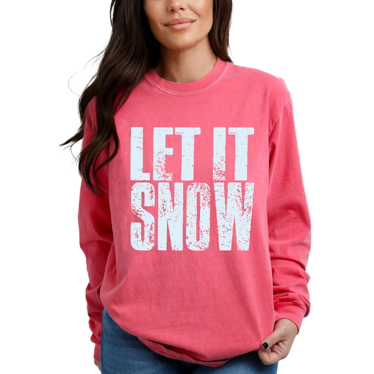 Let It Snow Block Distressed - Women's Garment Dyed Long Sleeve Graphic T-Shirt
