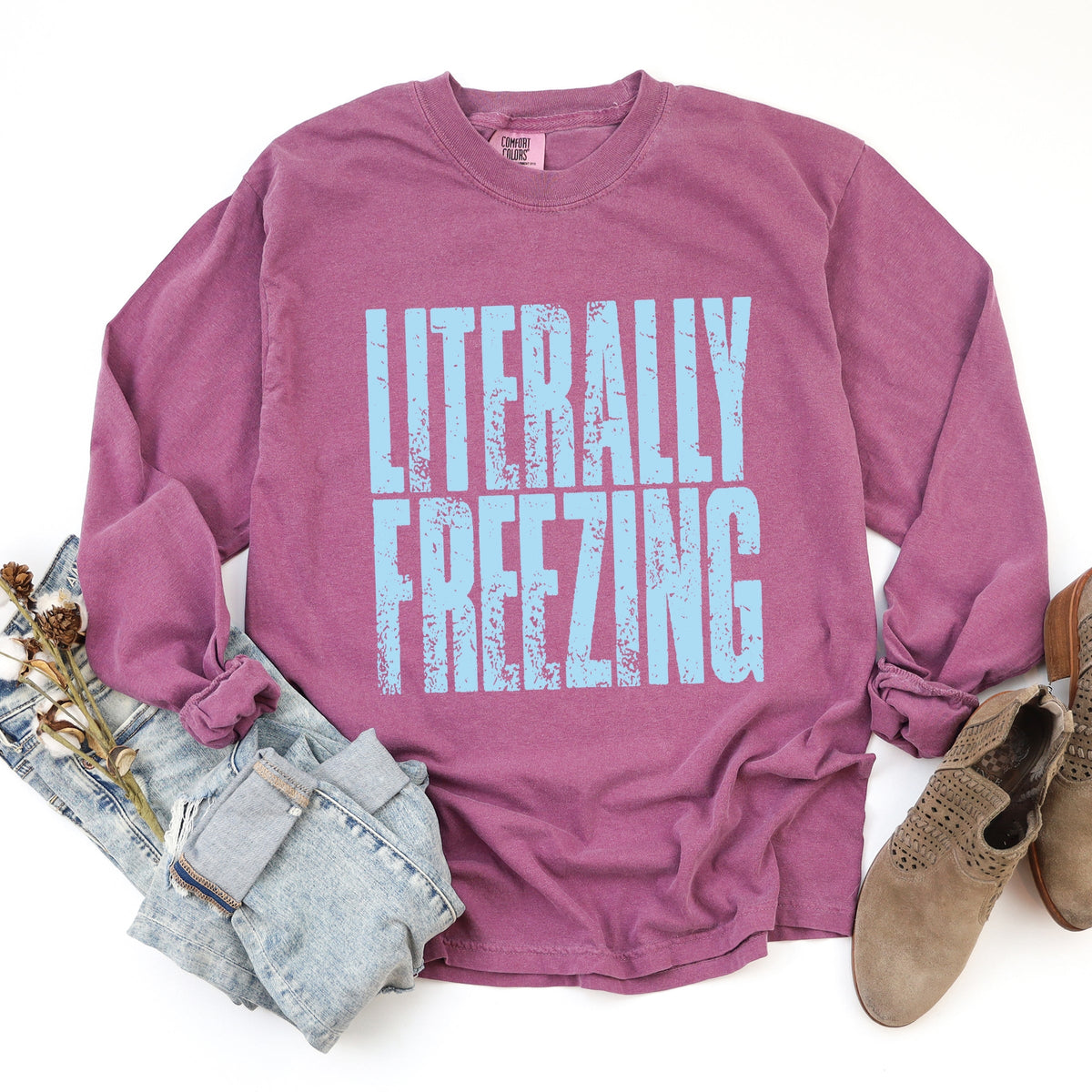 Literally Freezing Block Distressed - Women's Garment Dyed Long Sleeve Graphic T-Shirt