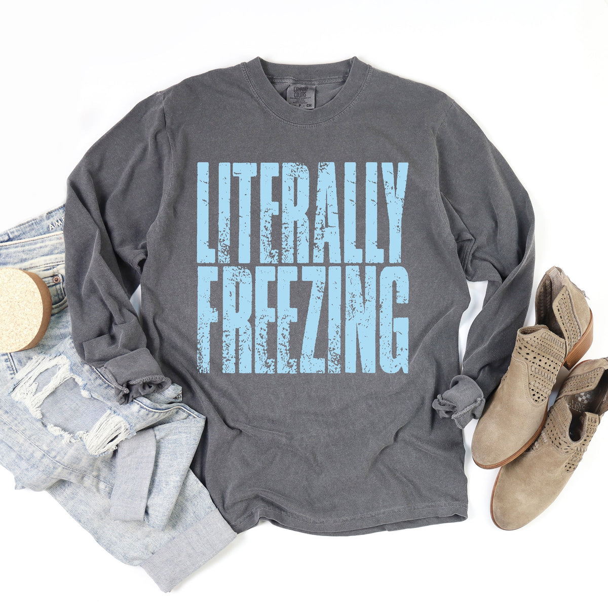 Literally Freezing Block Distressed - Women's Garment Dyed Long Sleeve Graphic T-Shirt