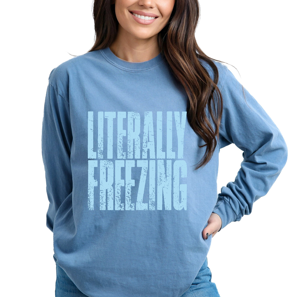 Literally Freezing Block Distressed - Women's Garment Dyed Long Sleeve Graphic T-Shirt