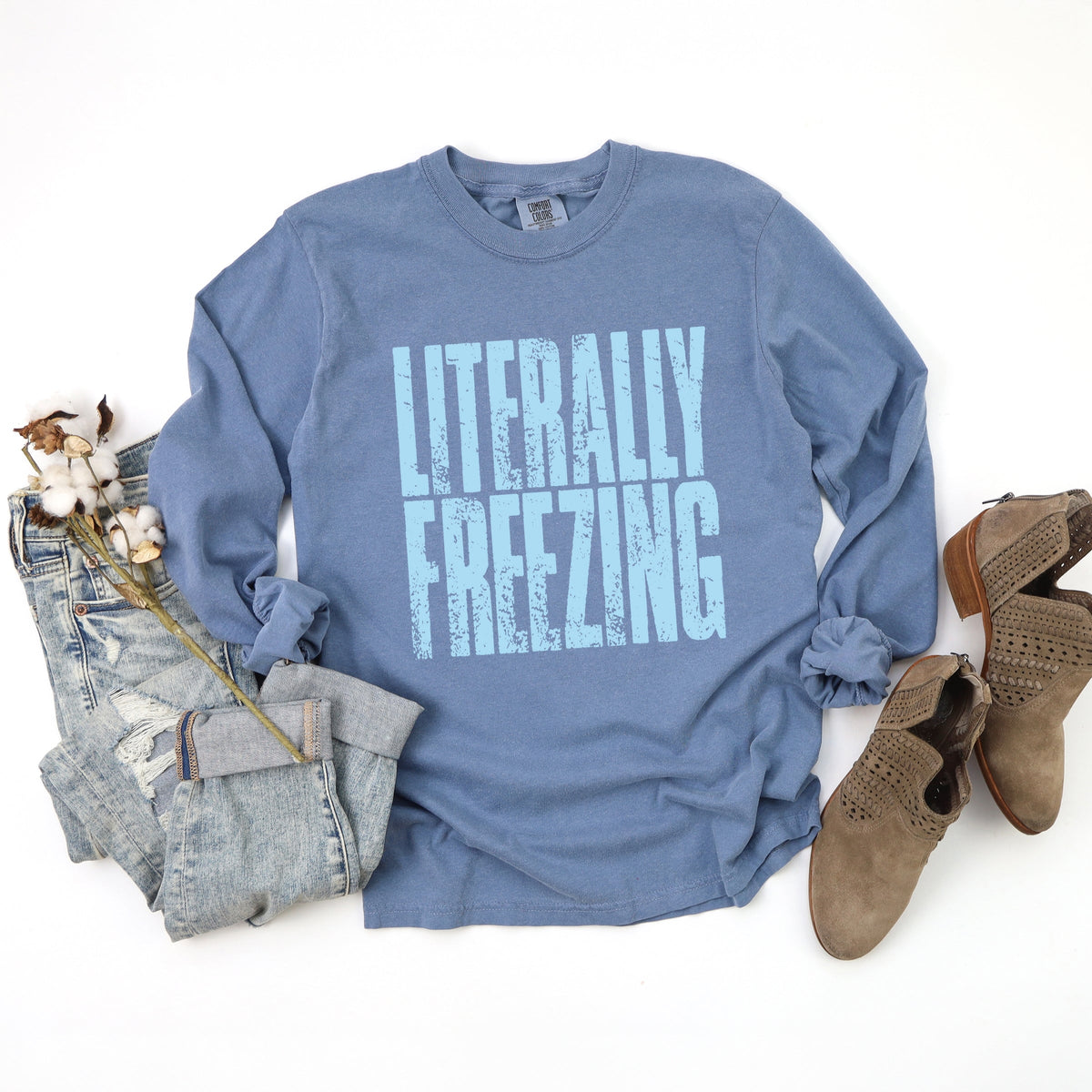 Literally Freezing Block Distressed - Women's Garment Dyed Long Sleeve Graphic T-Shirt