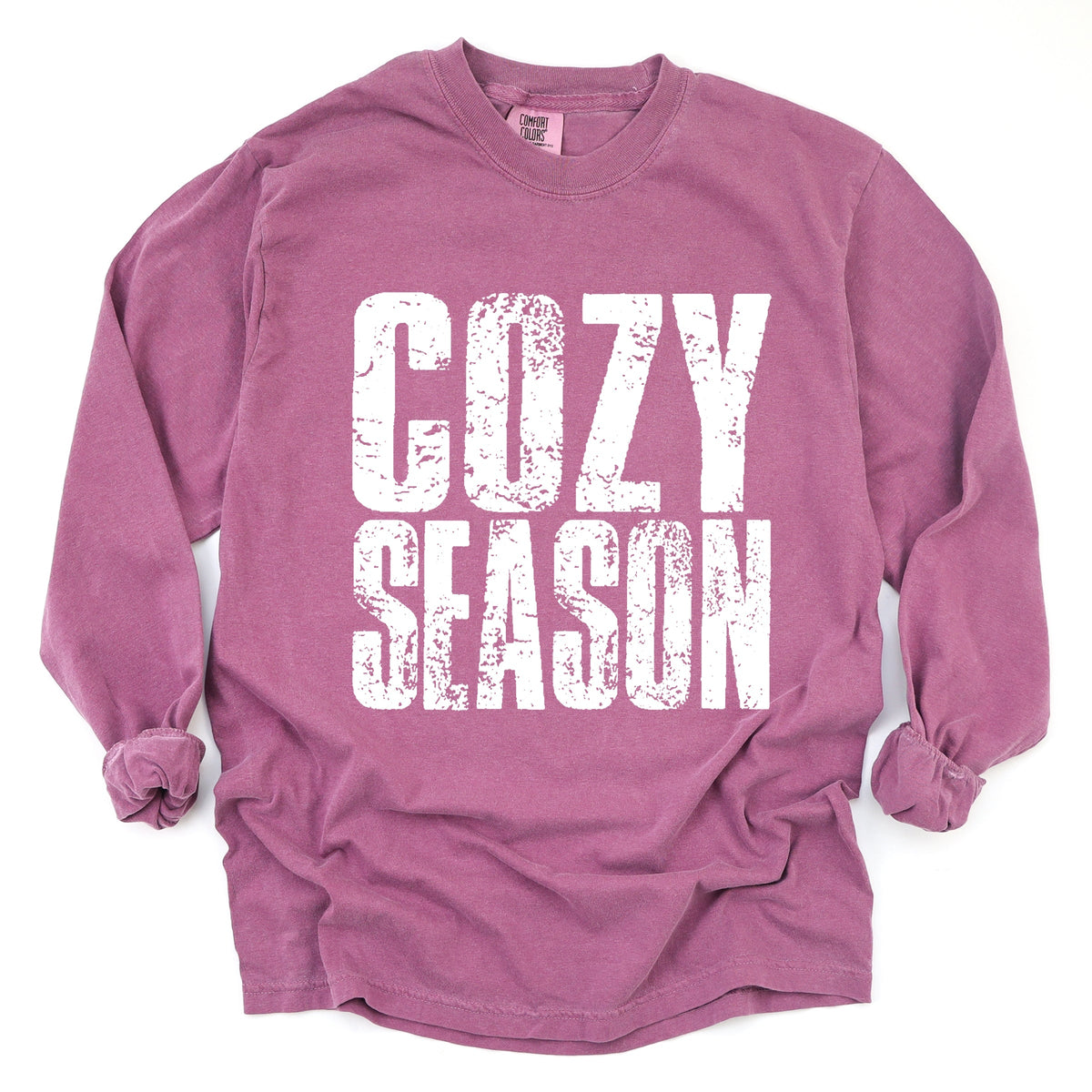 Cozy Season Block Distressed White - Women's Garment Dyed Long Sleeve Graphic T-Shirt